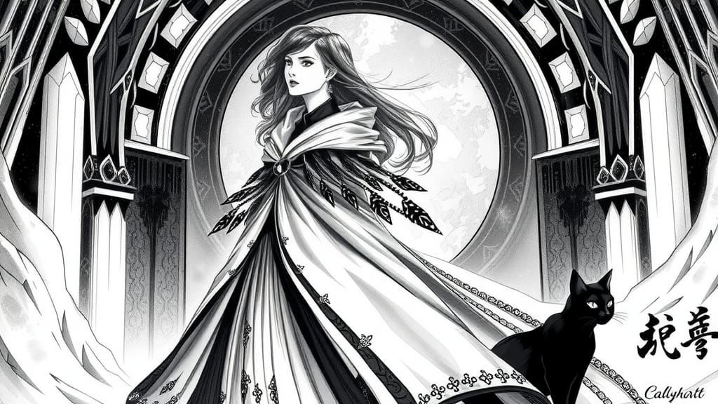 Elegant Woman and Cat in Futuristic Calligraphy