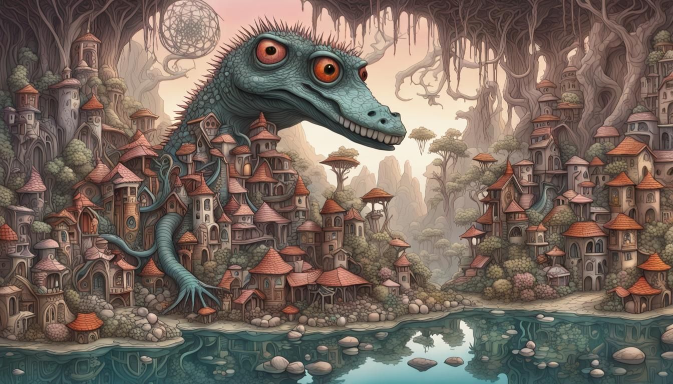 Surreal Fairy Town Meets Crocodia in Quantum Zentangle