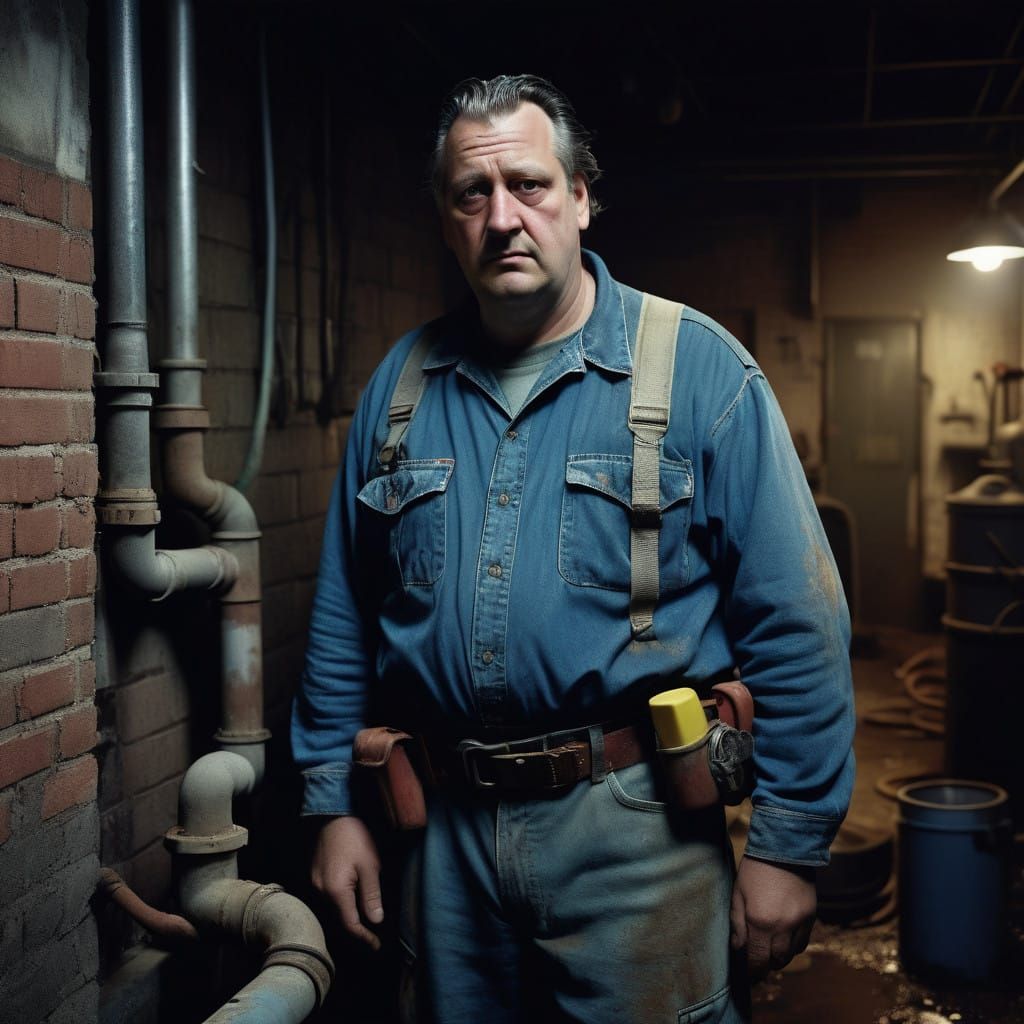 Hard-Hitting Industrial Portrait of a Plumber in Grimy Basem...