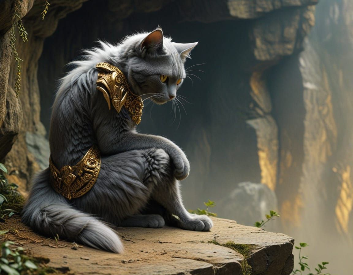 Contemplative Transwoman with Cat: Ancient Gold Aesthetic