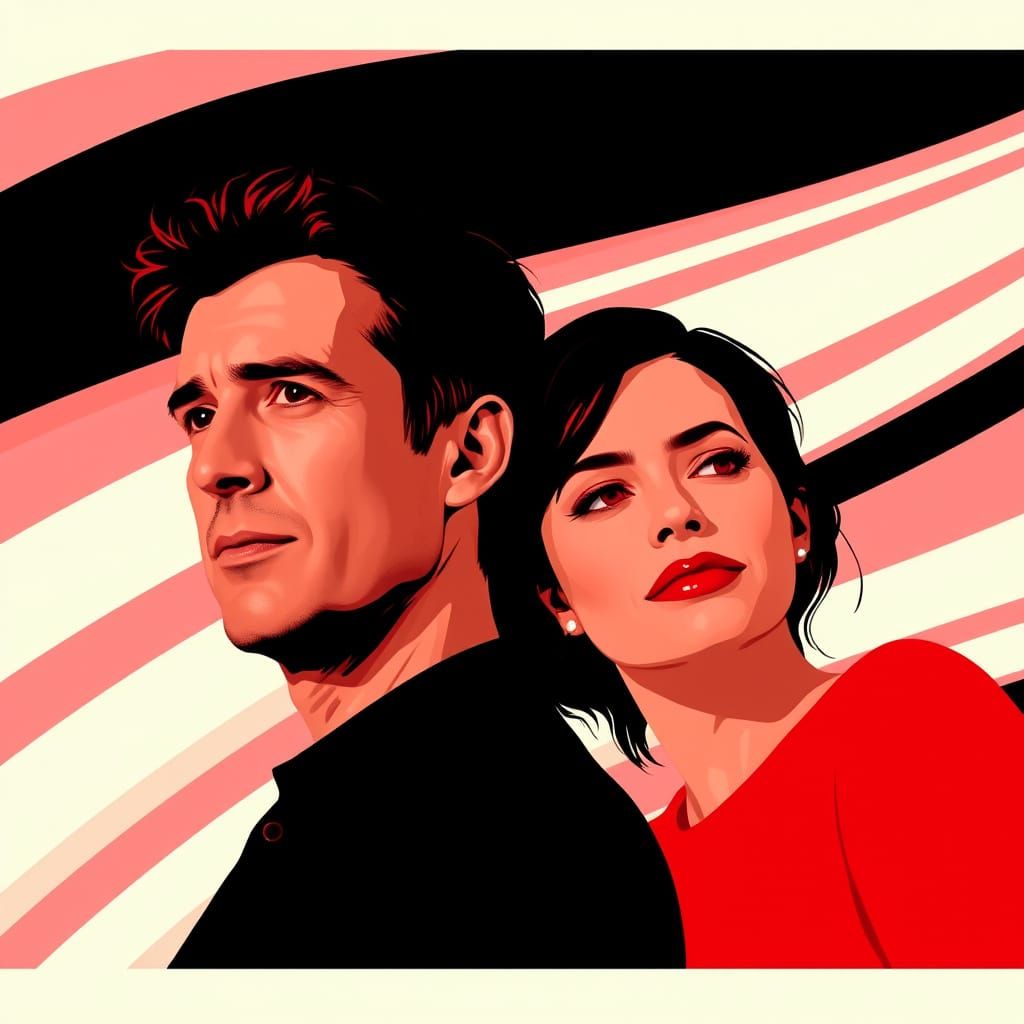 Man and Woman in Monochromatic David Hockney Style