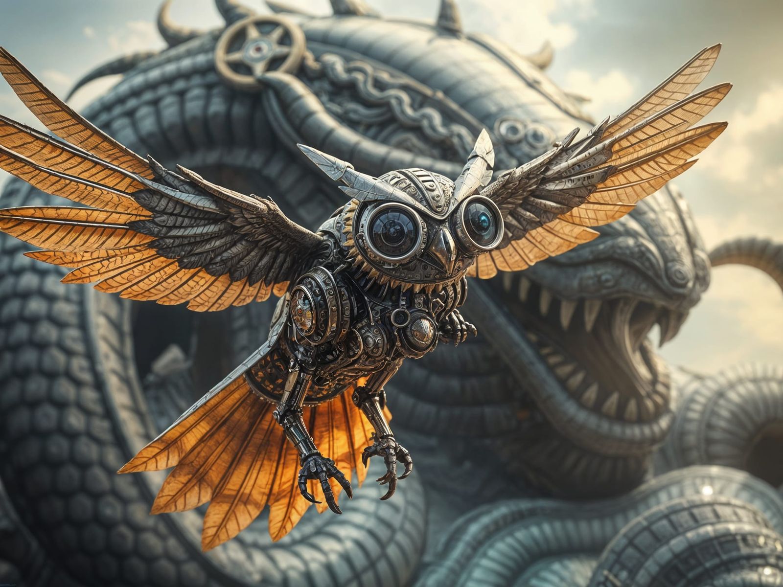 Robotic Owl Confronts Steampunk Kraken