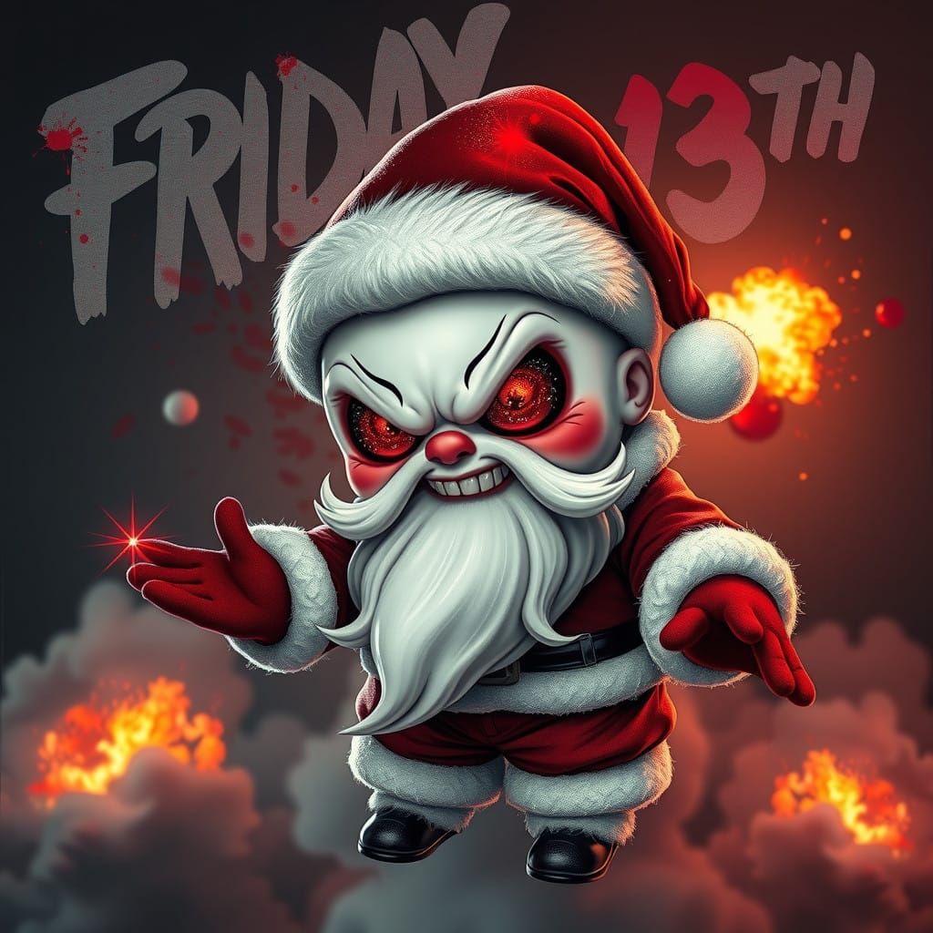 An evil kawaii-style evil clown dressed as Santa Claus, with...