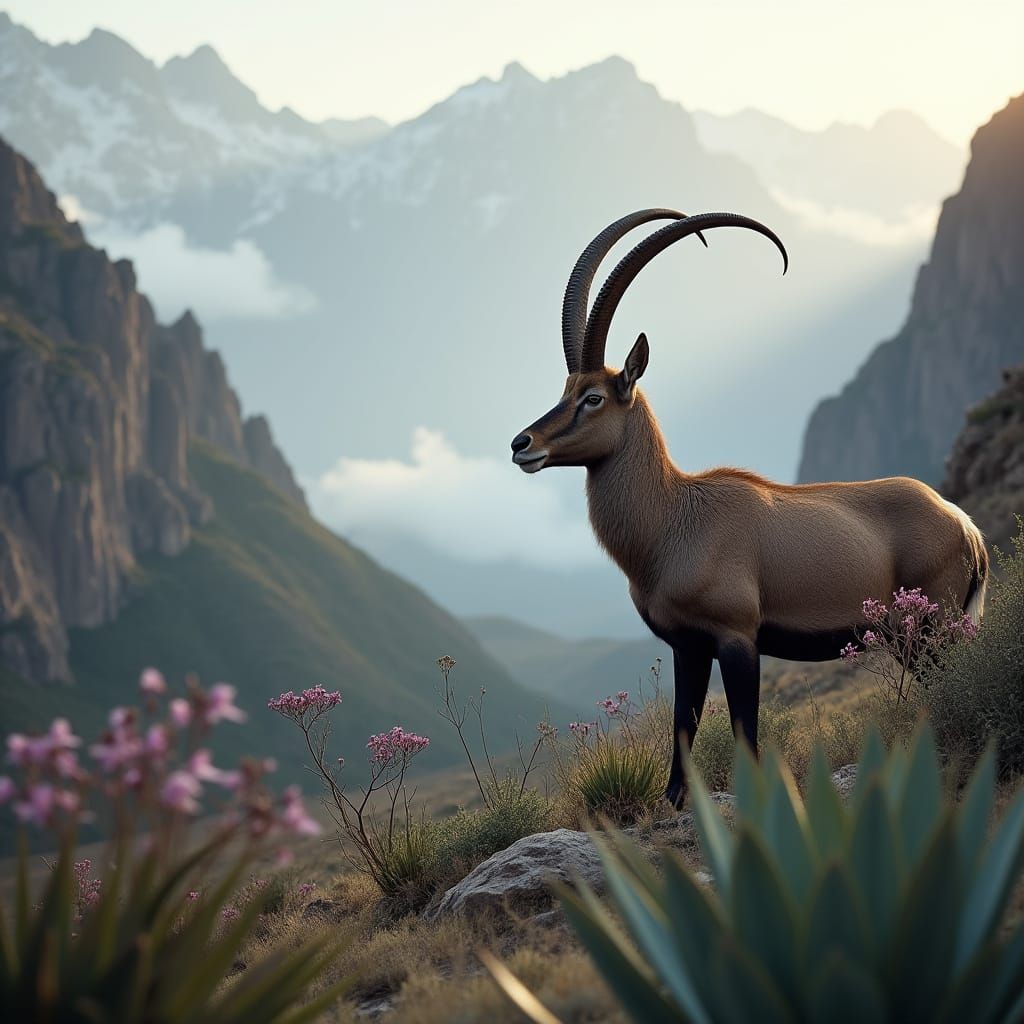 Majestic Mountain Ibex in Misty Alpine Landscape