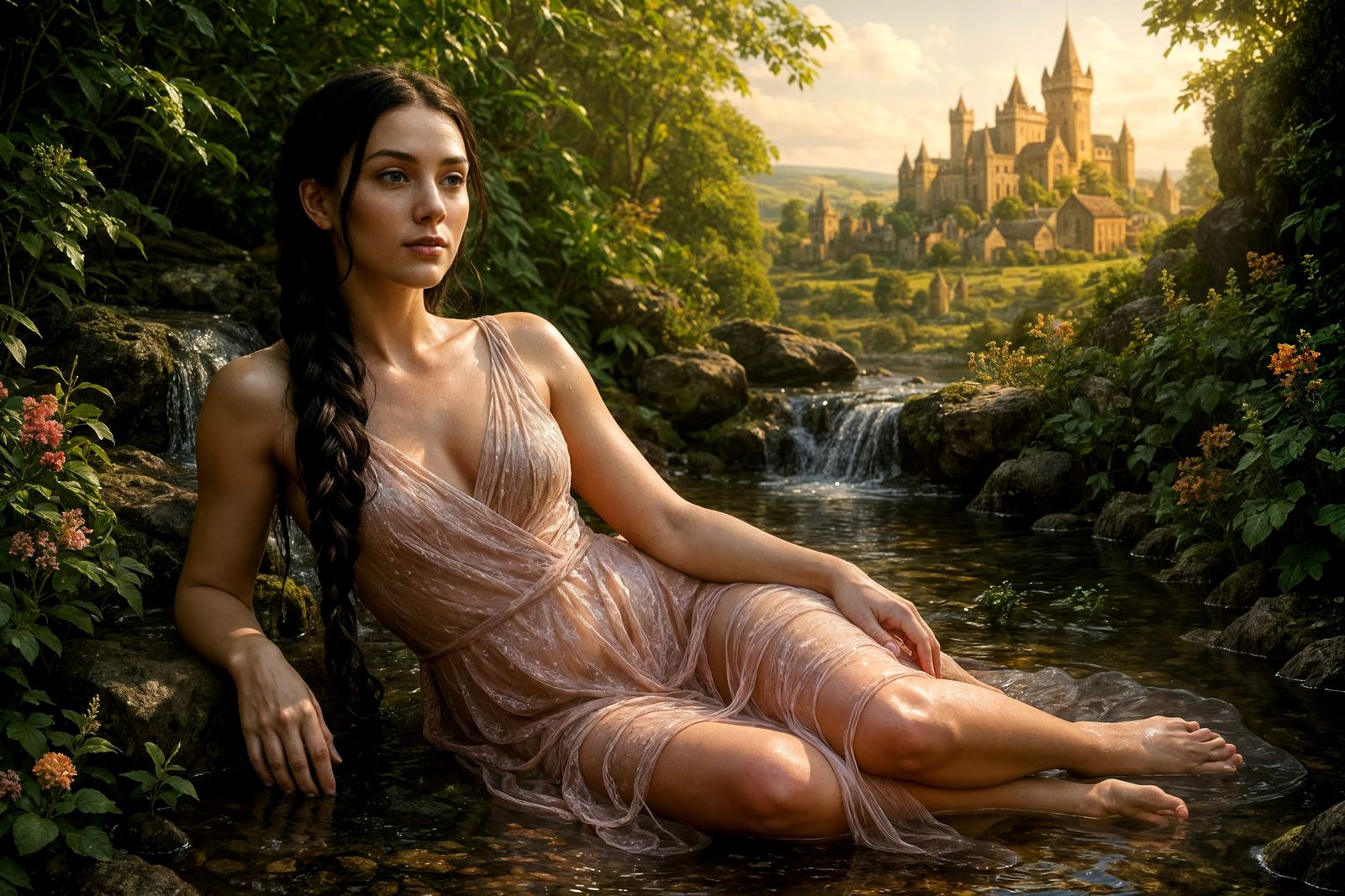 Irish Woman in Sunlit Rock Pool: Photorealistic Portrait