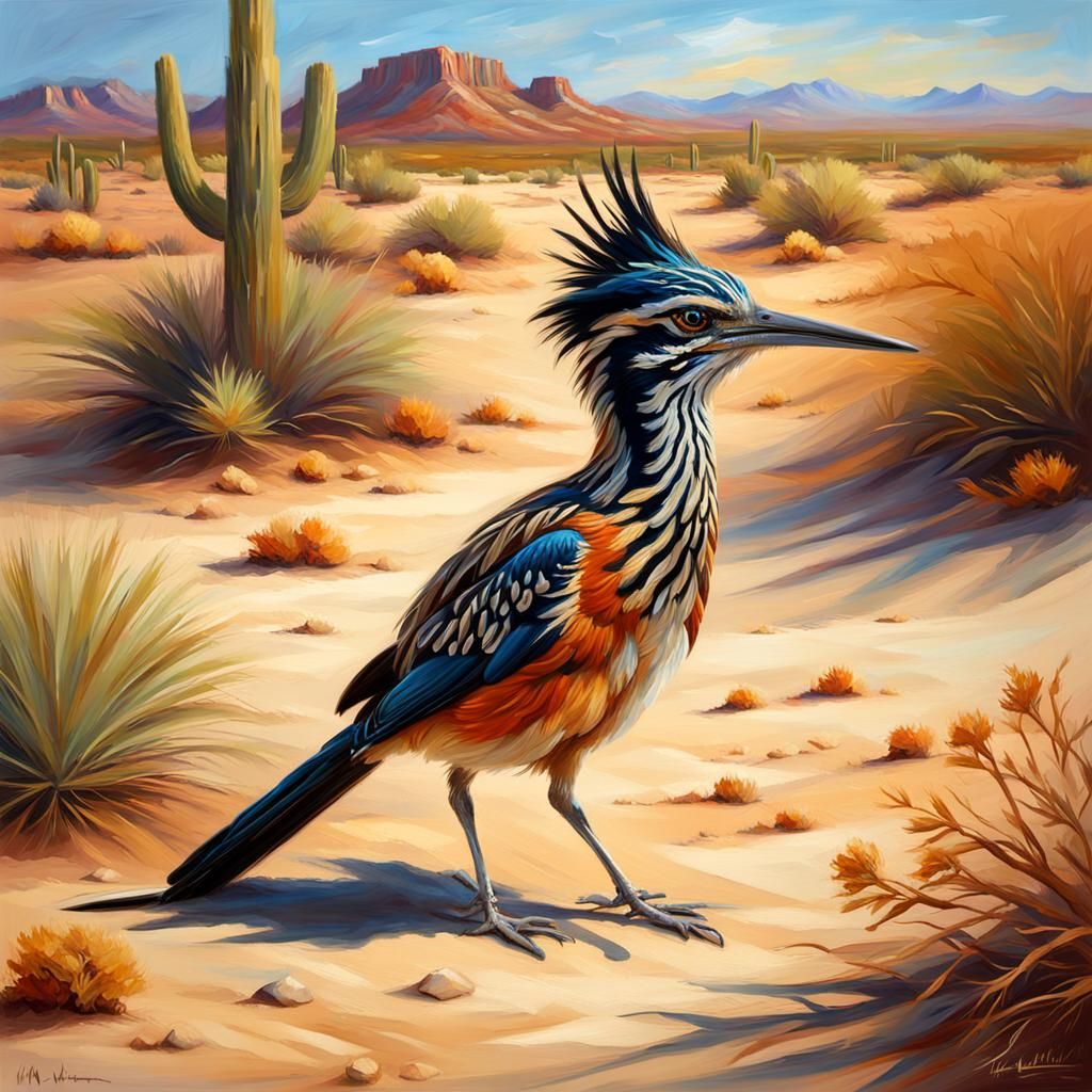 Greater Roadrunner in Desert, Impasto Oil Painting