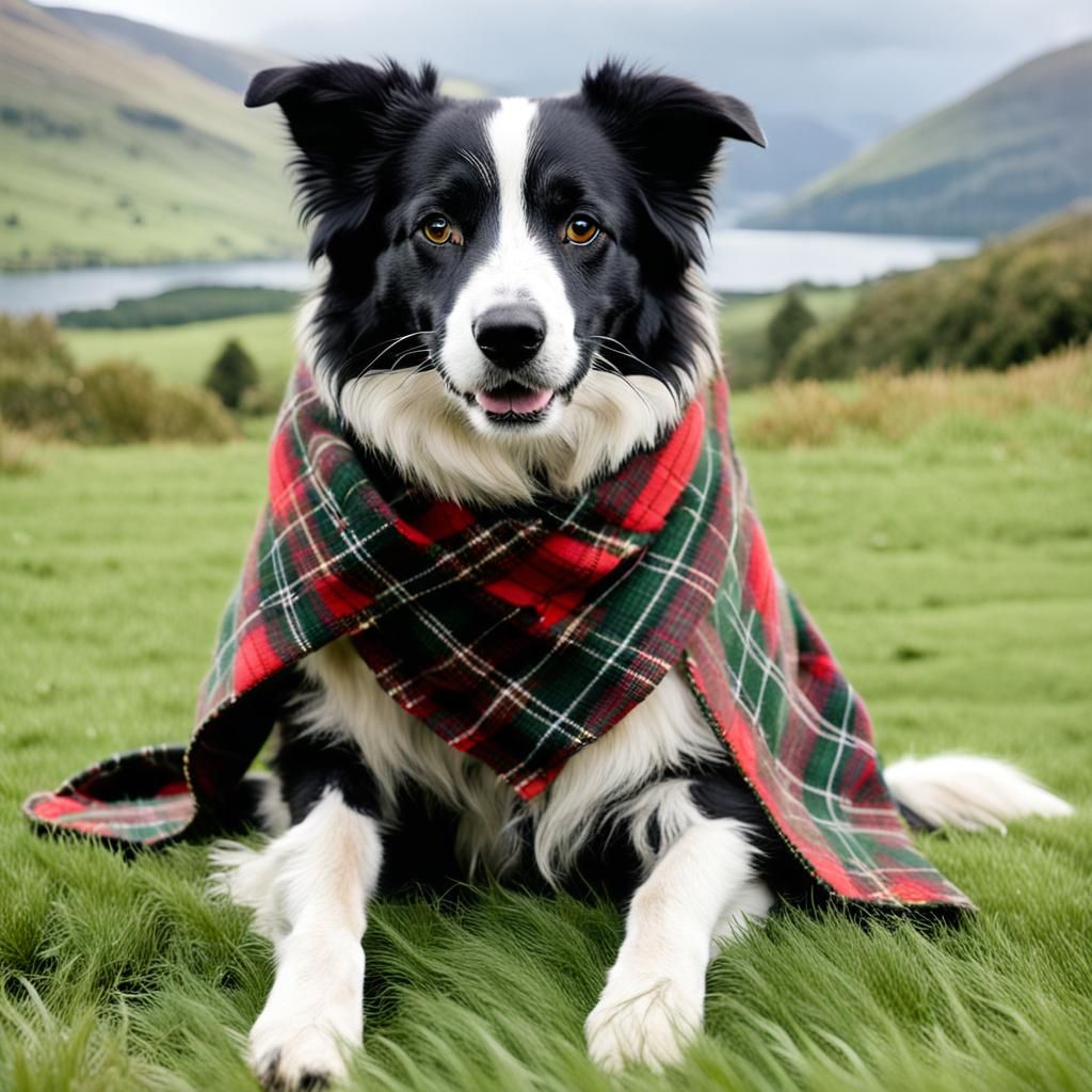 Border Collie in Scottish Highlands Wearing Tartan