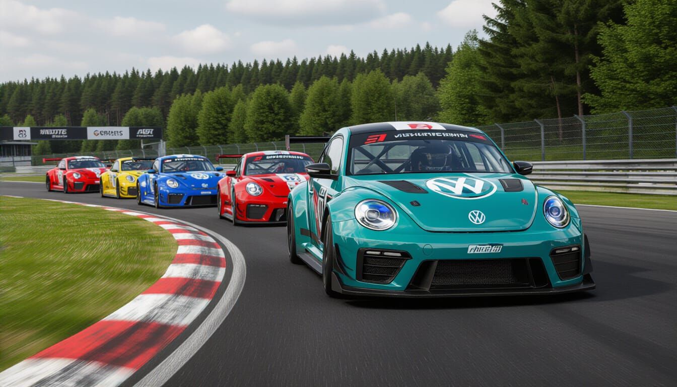 Retro VW Beetles Racing at Spa in Acrylic Art Style