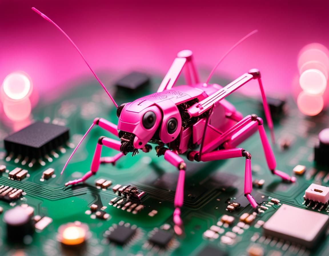 Elaborate Pink Cricket Robot on Circuit Board