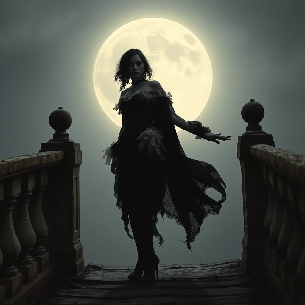 A  woman standing  silhouetted  against a a pale moon