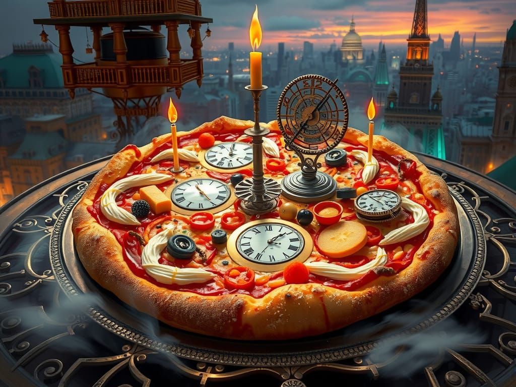 Steampunk Pizza with Clockwork Gears and Victorian Cityscape