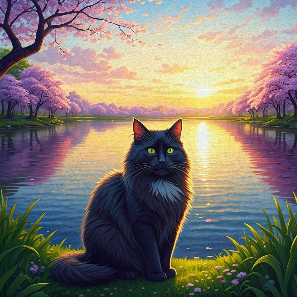 Majestic Black Cat in Japanese Watercolor Scene