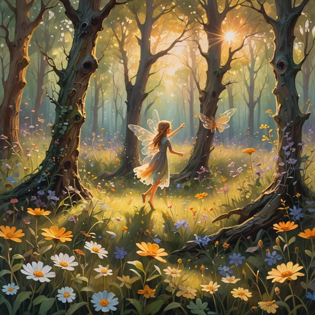 Fairy Meadow Awakening: A Whimsical Oil Painting