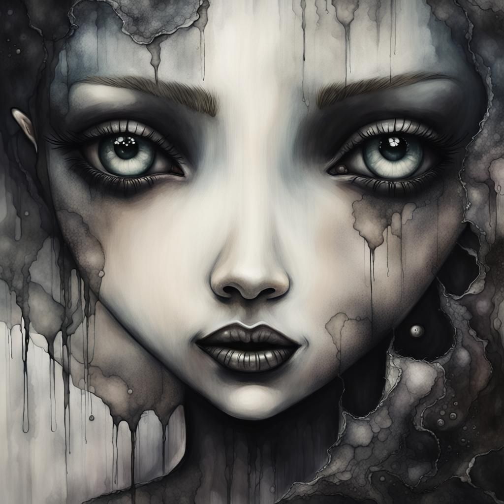 Surreal Grayscale Portrait in Alcohol Ink Style