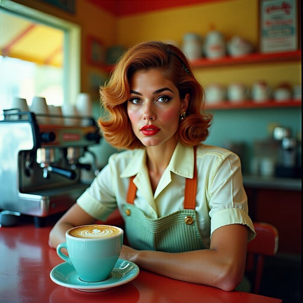 Retro Barista Eva Mendes in Vibrant Cafe