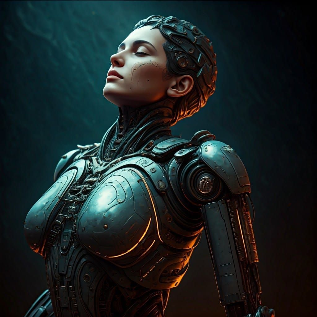 Androgynous Kalliope Guiding Lovers in Sci-Fi Setting