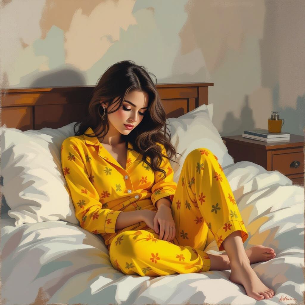 Young Woman in Bumblebee Pajamas, Abstract Brushwork