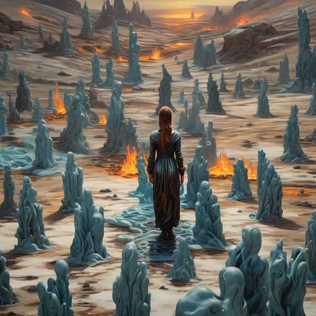 Surreal Icy Desert with Melting Statues