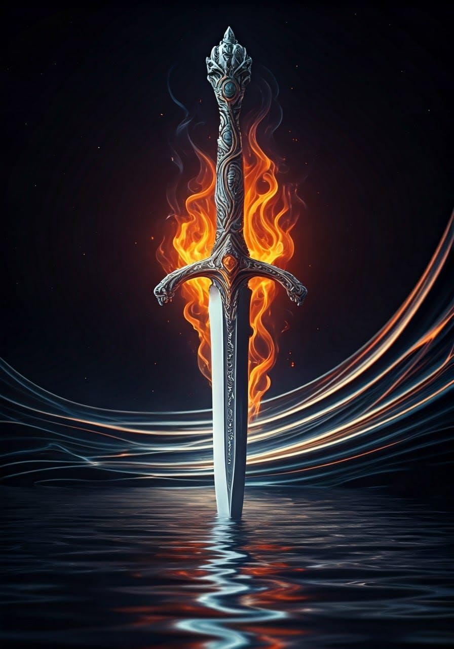 A mystical sword materializes through the fusion of fire and water, its form carved from dancing flames and flowing azur...
