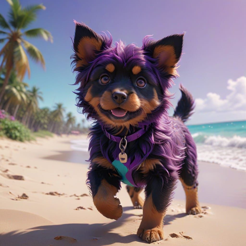 Hispanic Lady on Beach with Puppy in 3D Anime Art