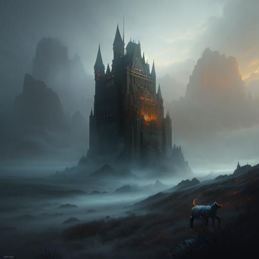 Dog-Cat Hybrid in Dreamlike Fantasy Landscape