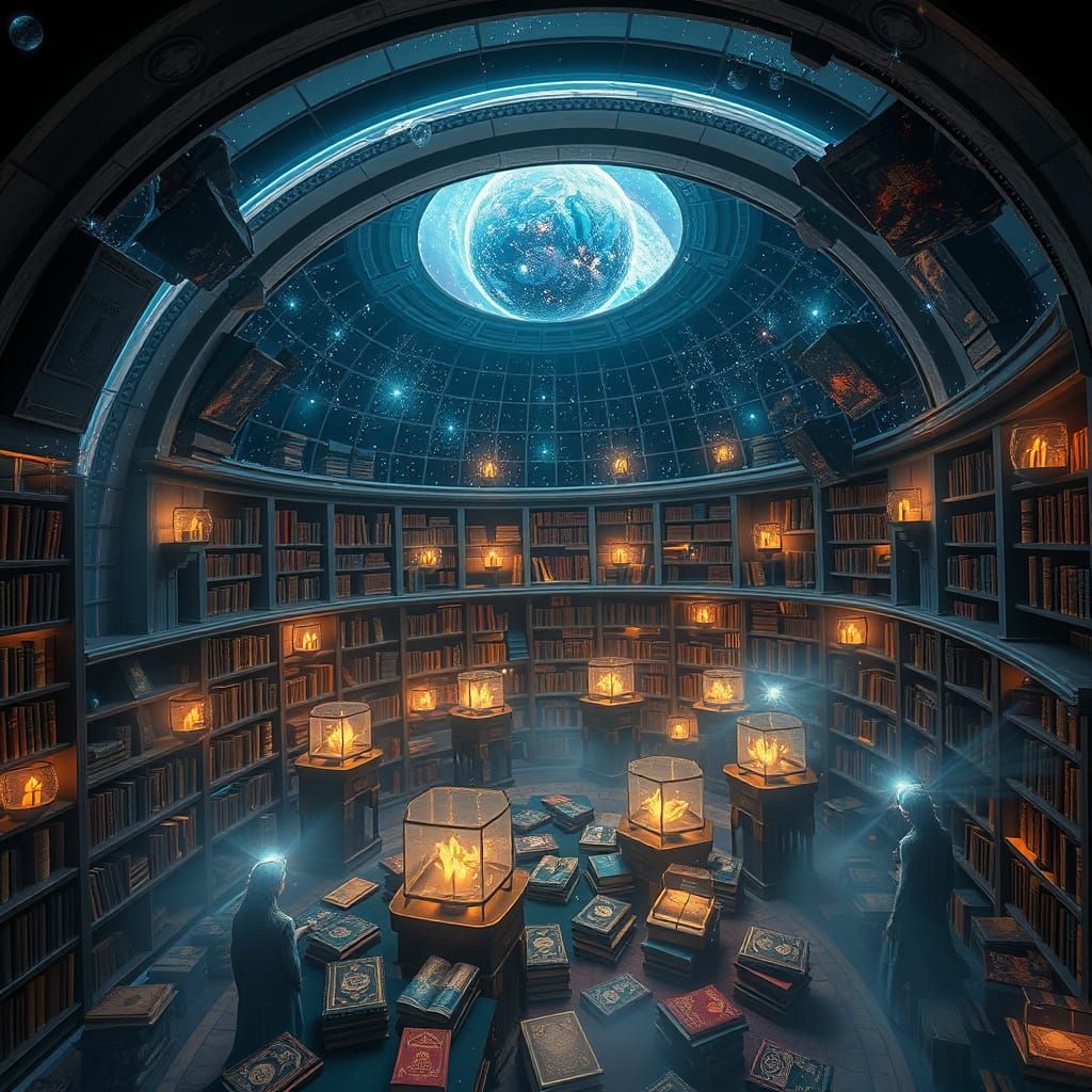 Ethereal Library Within Saturn's Rings in Dark Fantasy Style