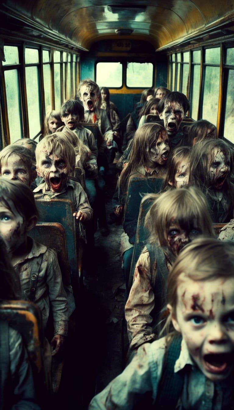 Macabre School Bus Scene With Screaming Children