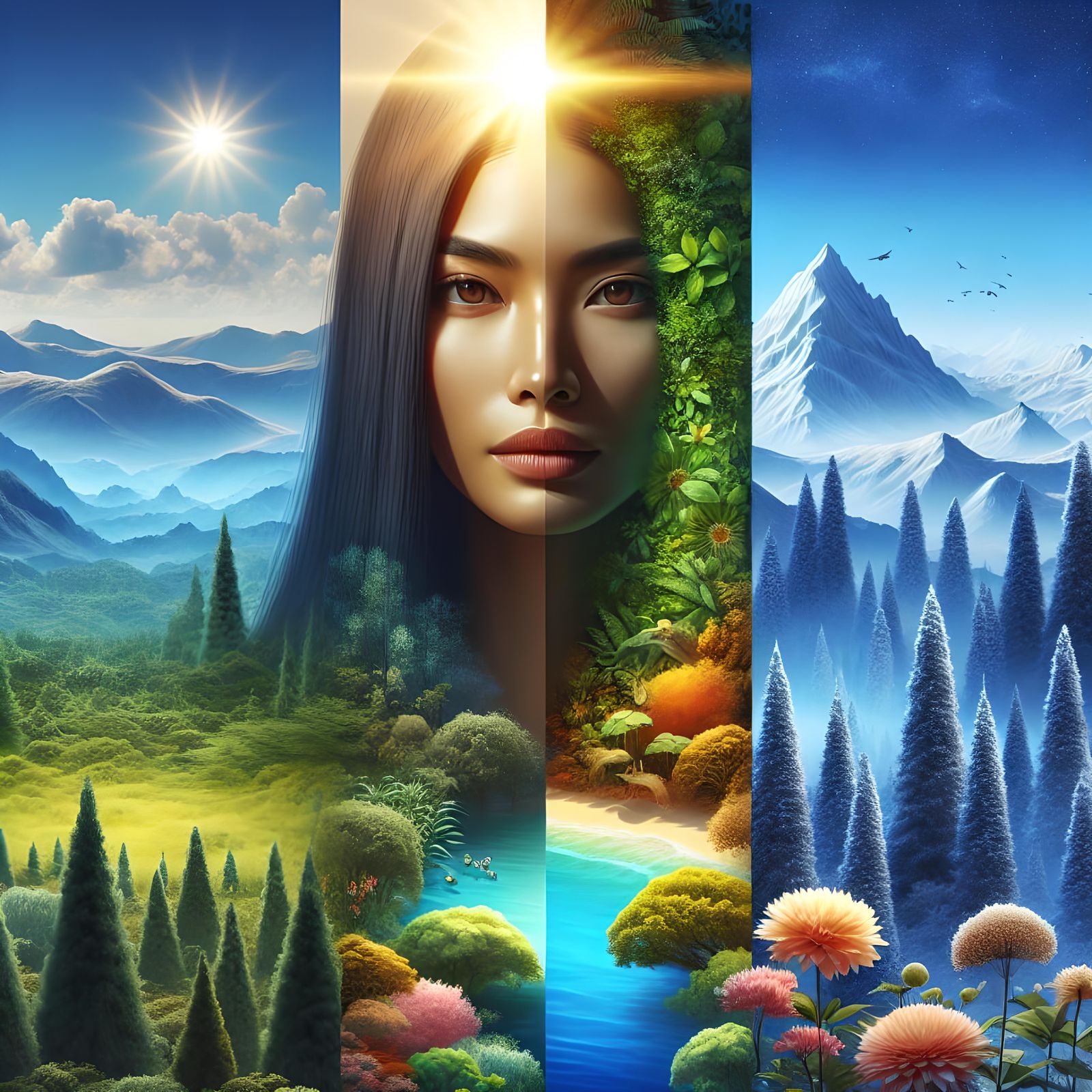 South Asian Woman Merges with Hyperrealistic Landscape