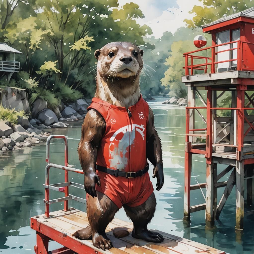 Otter Lifeguard in Watercolor Manga Illustration