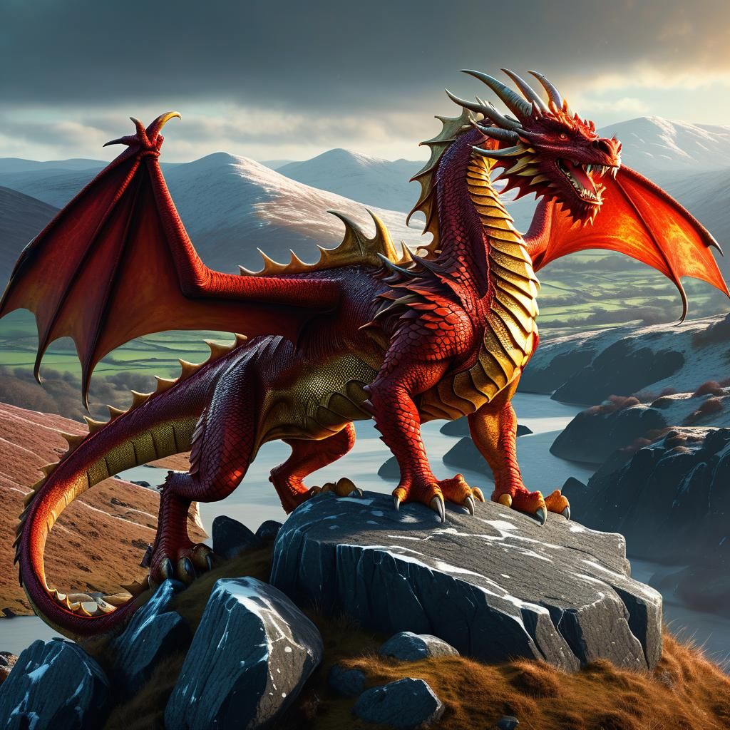 Majestic Welsh Red Dragon on Rocky Outcrop