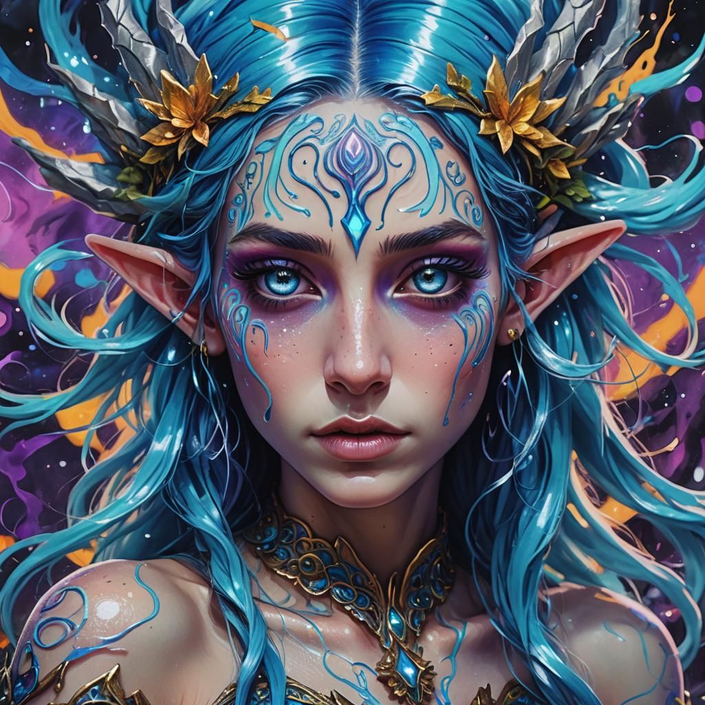 Ethereal Elf Princess Portrait in Trippy Street Art Style