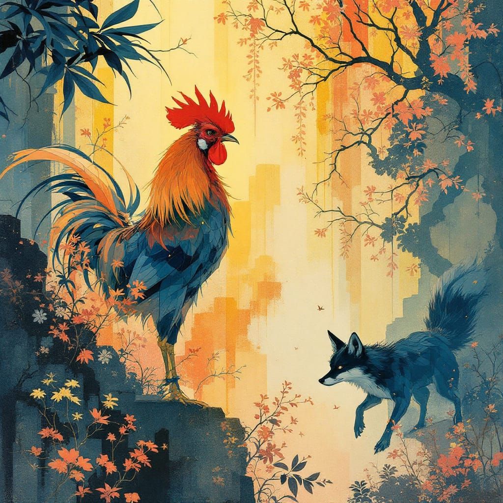 Ethereal Rooster and Fox in Luminous Autumn Light