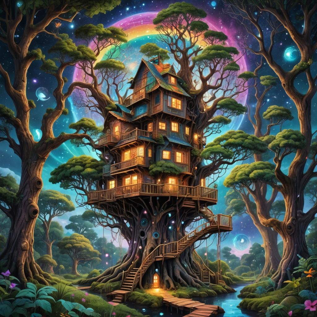 Cosmic Treehouse: Holographic Astral Illustration