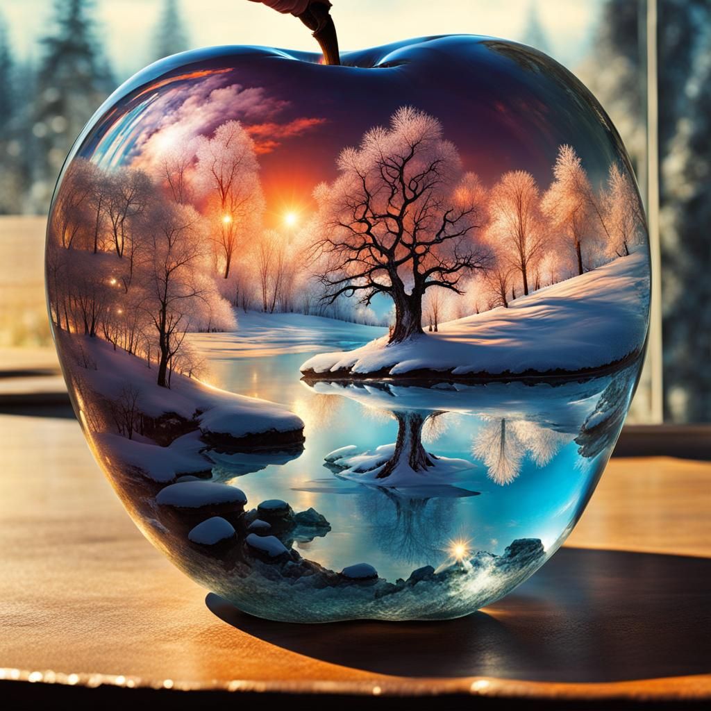 Fantasy World Inside Crystal Apple, Photorealistic Illustrat...