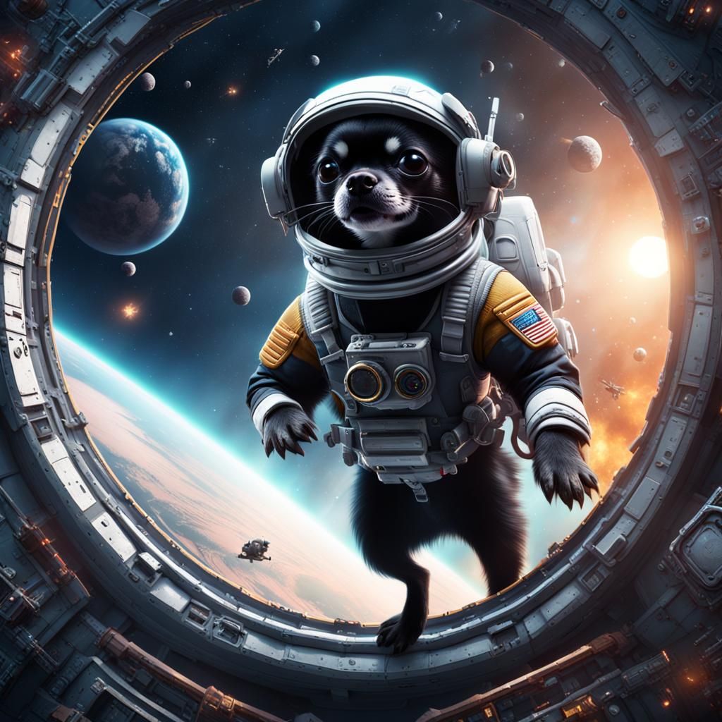 Chihuahua Astronaut Over Spaceship in Detailed Digital Art