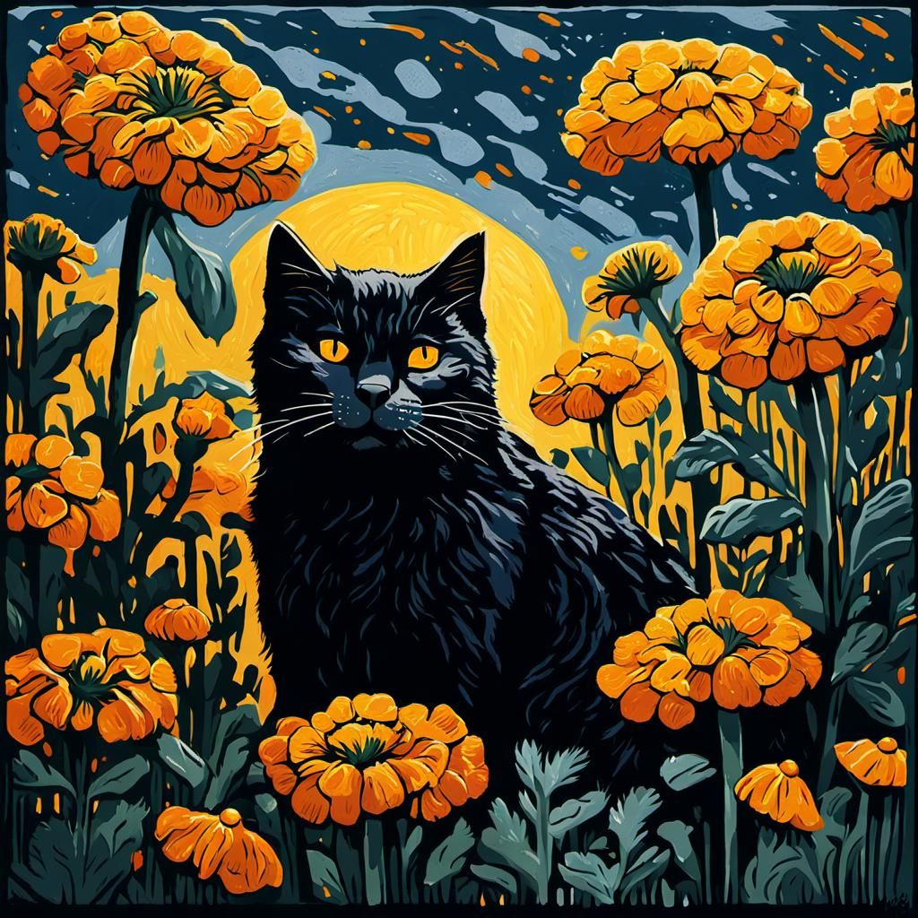 Black Cat in Marigolds: An Impressionist Linocut