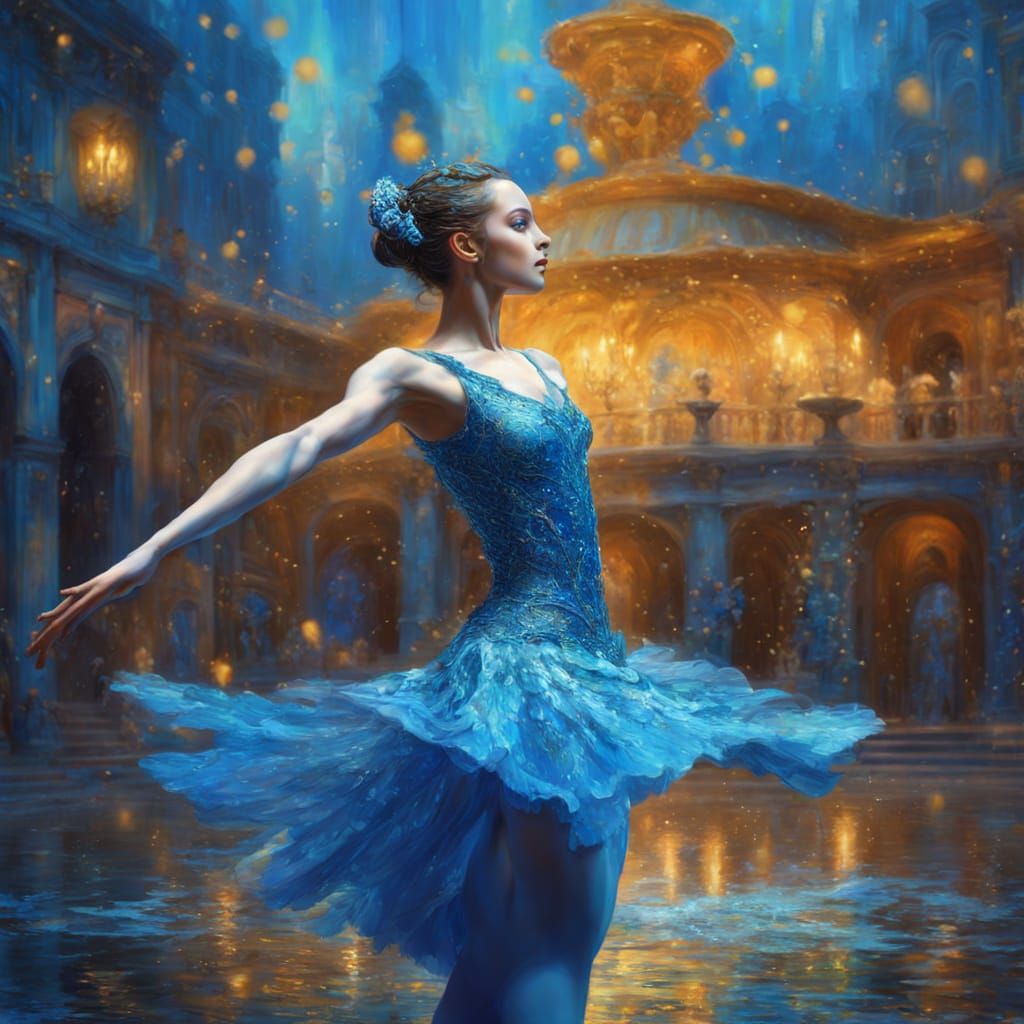 Ballerina Pirouettes in Blue Fountain