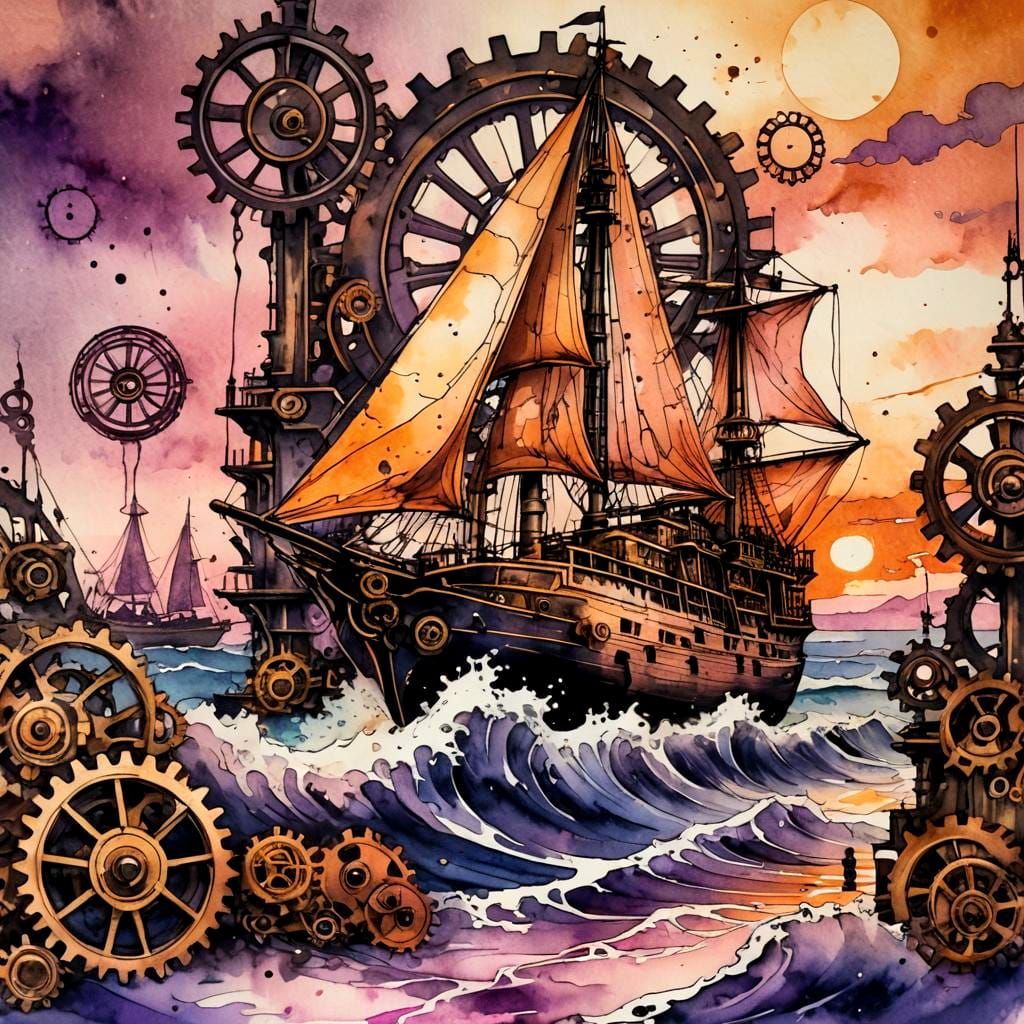 Sailboat at Sunset in Steampunk Ink Painting Style