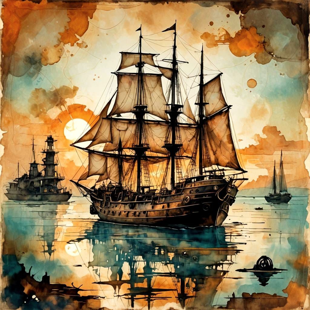 Sailboat Sunset in Steampunk Ink Painting Style