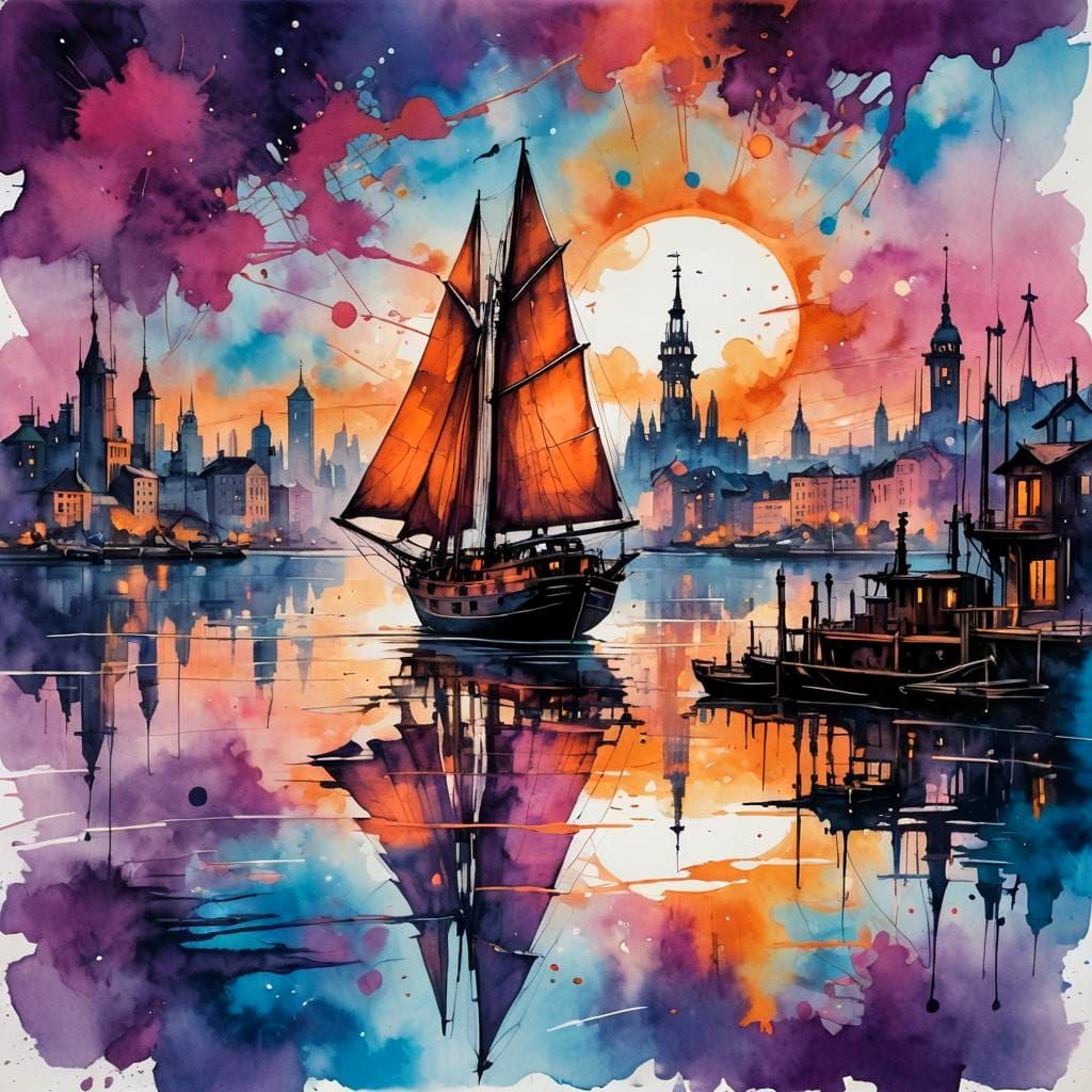 Sailboat at Sunset in Steampunk Ink Painting