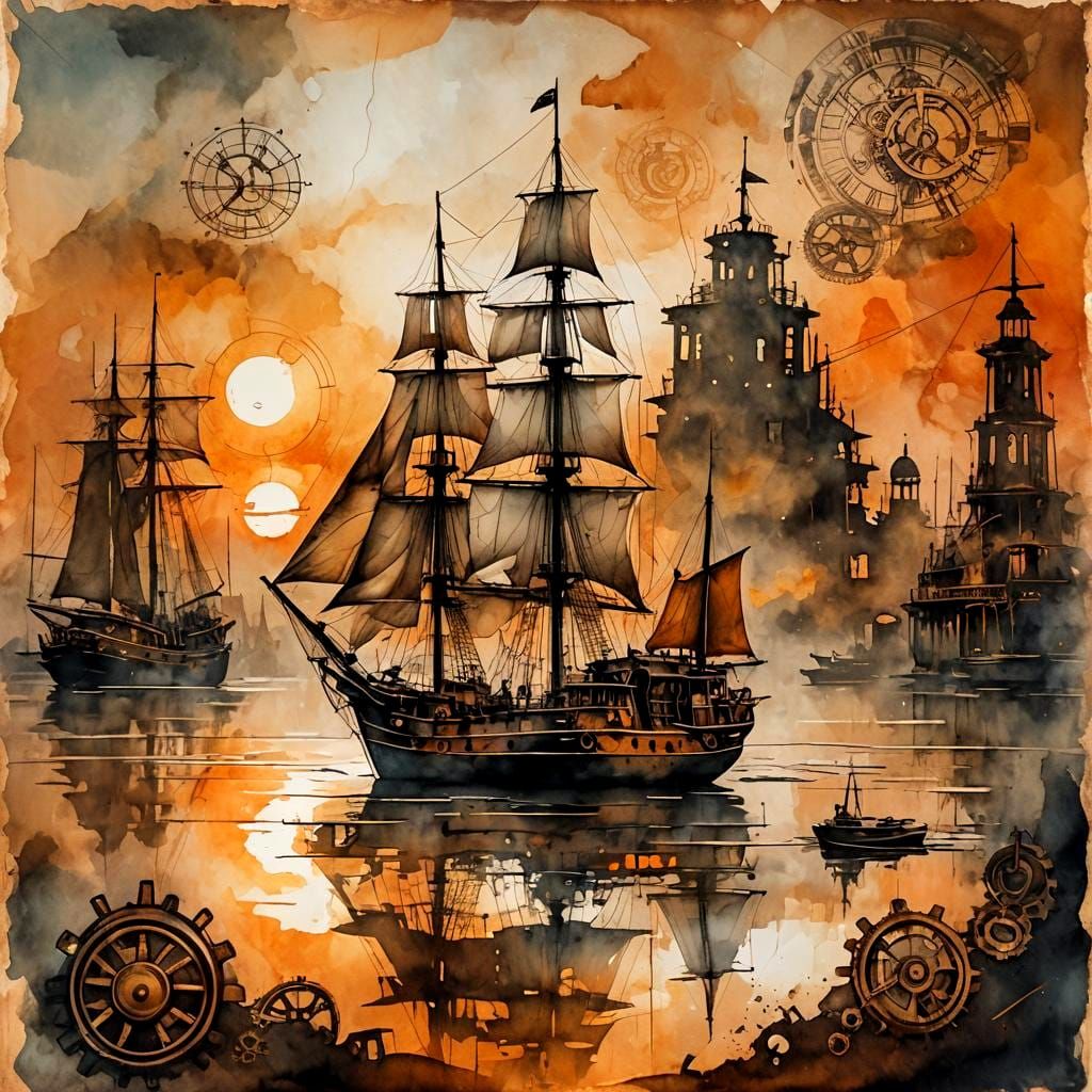 Steampunk Sailboat at Sunset Ink Painting