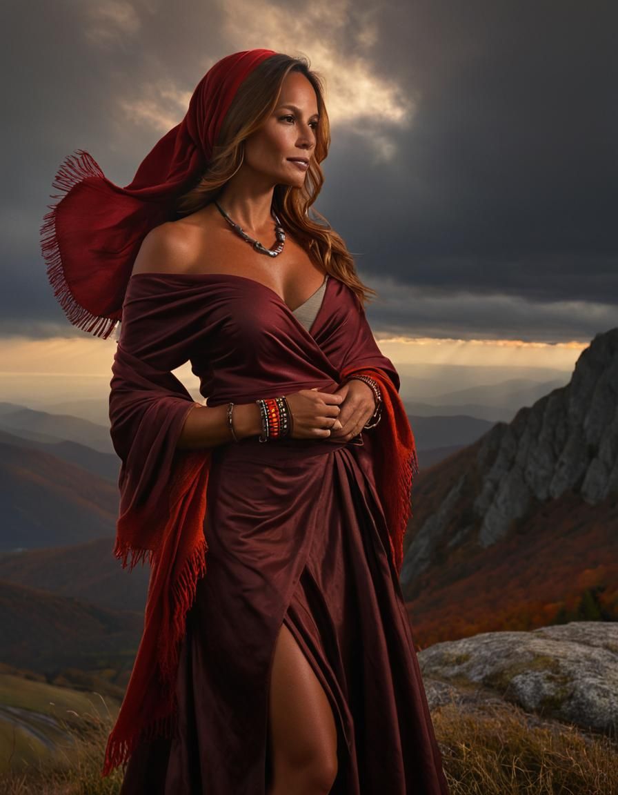Ethereal Autumn Goddess on Mystic Mountain Peak