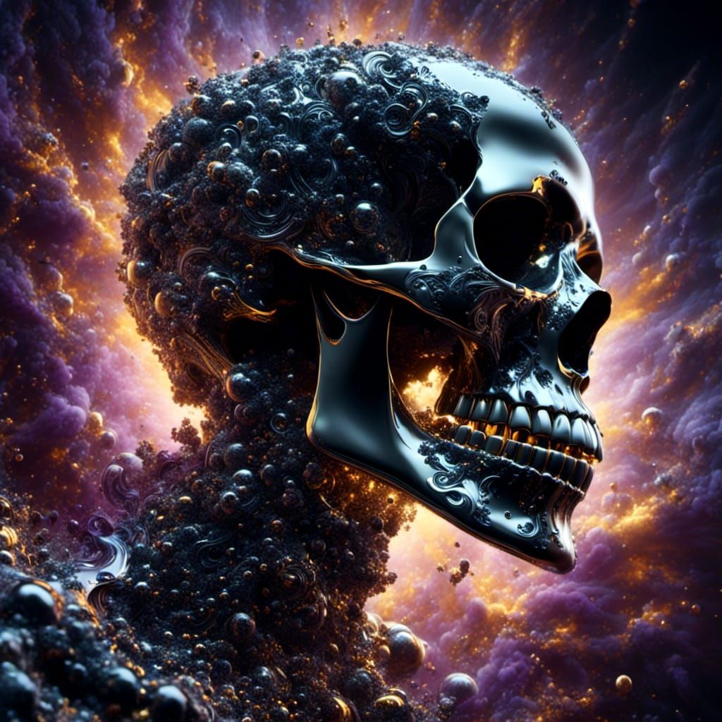 Hyperrealistic Liquid Chrome Skull: Black and Silver