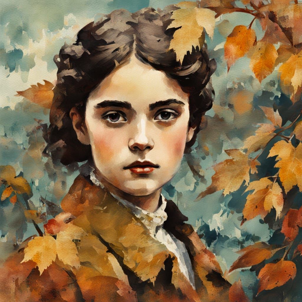 Girl's Autumn Portrait in Vintage Impressionist Style