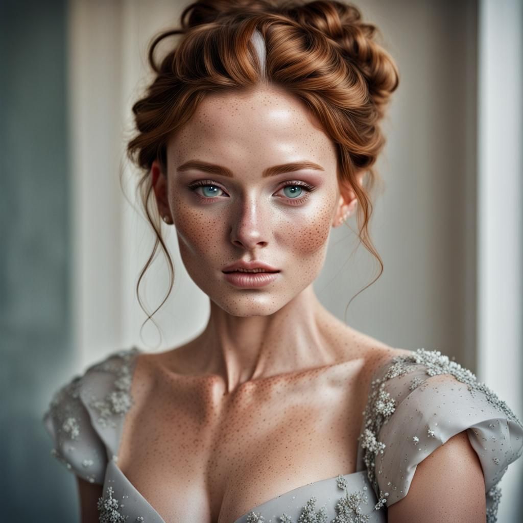 Freckled Woman in Couture Dress: AI Portrait