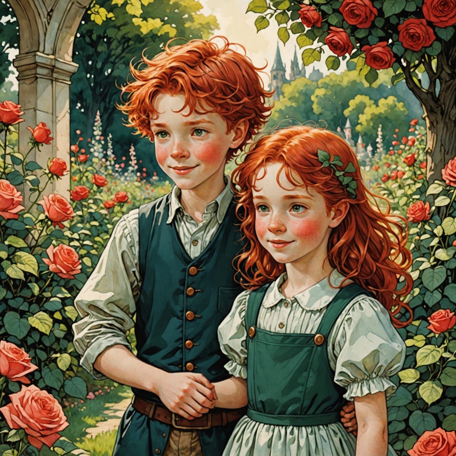 Children in Rose Garden, Arthur Rackham Style