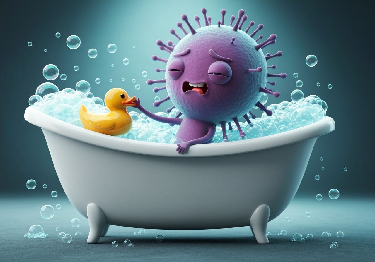 Funny Virus Microbe Plays with Rubber Ducky in Bubble Bath