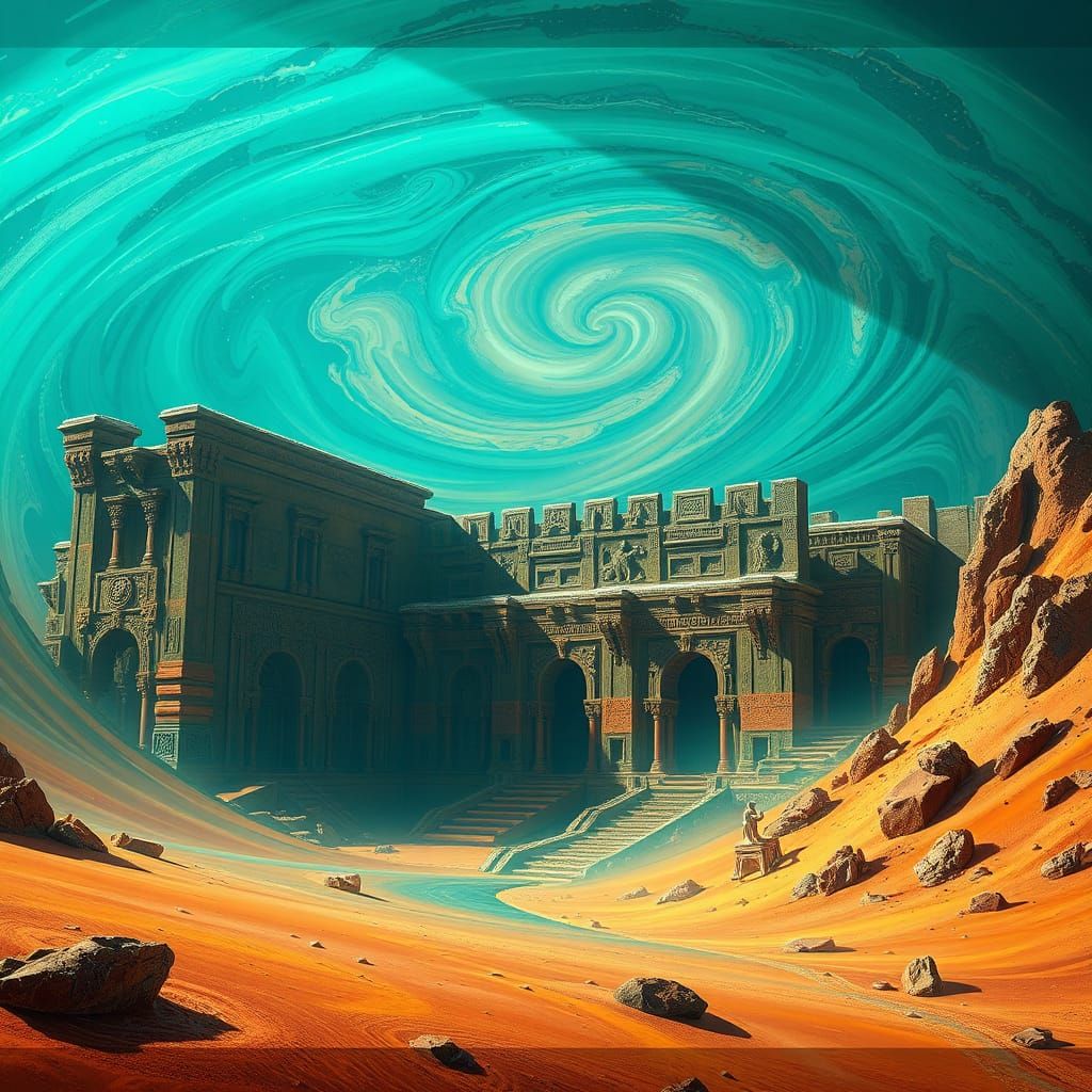 Fantasy Desert Ruins in Vibrant Turquoise and Gold