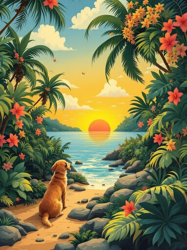 Surreal Camp on Gilligan's Island in Naive Art Style