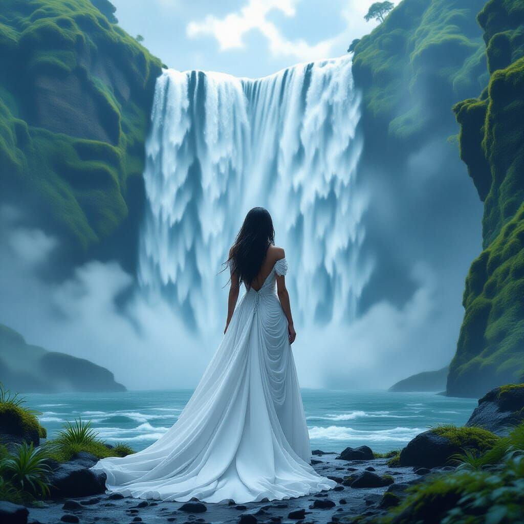 Ethereal Woman at Waterfall in Digital Painting Style